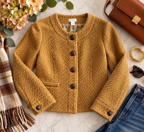 J. Crew Jackets & Blazers - Vintage J.Crew Bouclé Wool Blend Jacket, Mustard Gold, Collarless Tweed Blazer